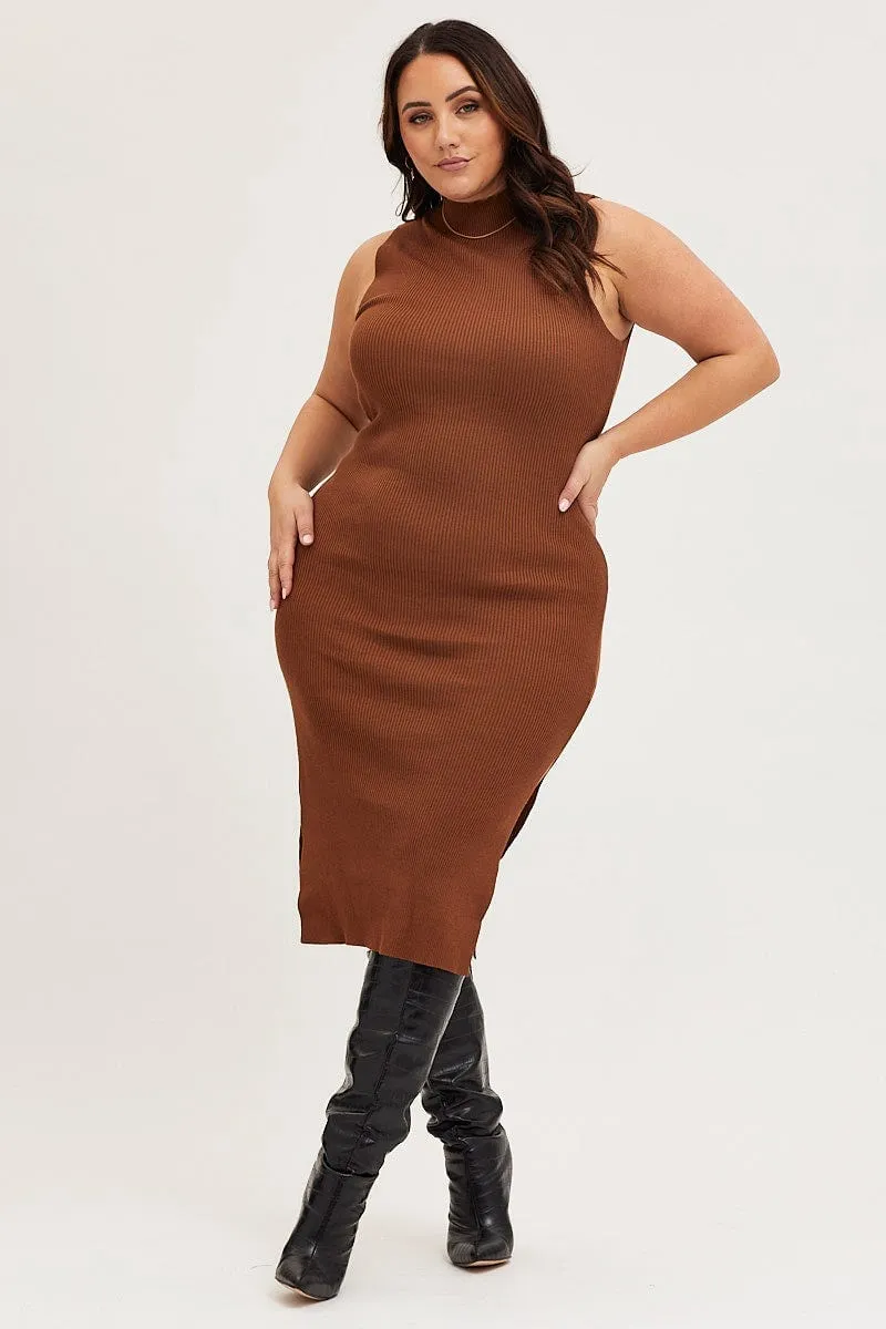 Office To Out Brown Bodycon Dress Round Neck Sleeveless