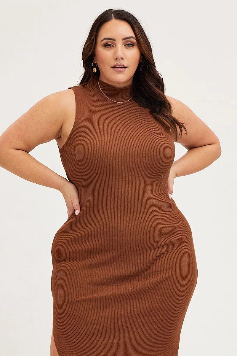 Dress for warm weather Velvet Smooth Brown Bodycon Dress Round Neck Sleeveless