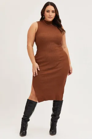 Brown Bodycon Dress Round Neck Sleeveless Party Proof Contemporary Look