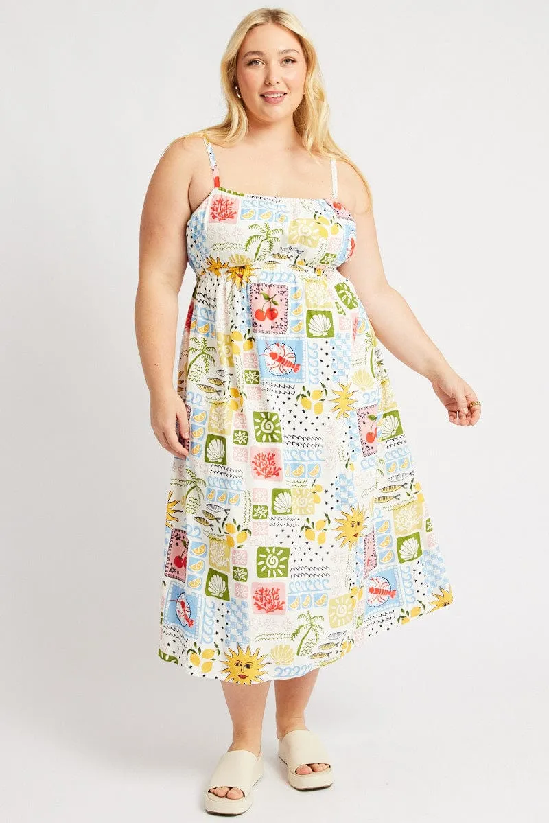 Multi Abstract Midi Dress Sleeveless Linen Blend Sophisticated Fit