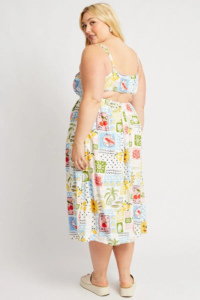 Multi Abstract Midi Dress Sleeveless Linen Blend Comfortable fit Charming Design