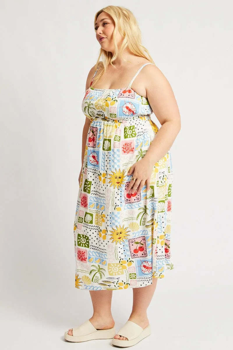 Island Mood Multi Abstract Midi Dress Sleeveless Linen Blend