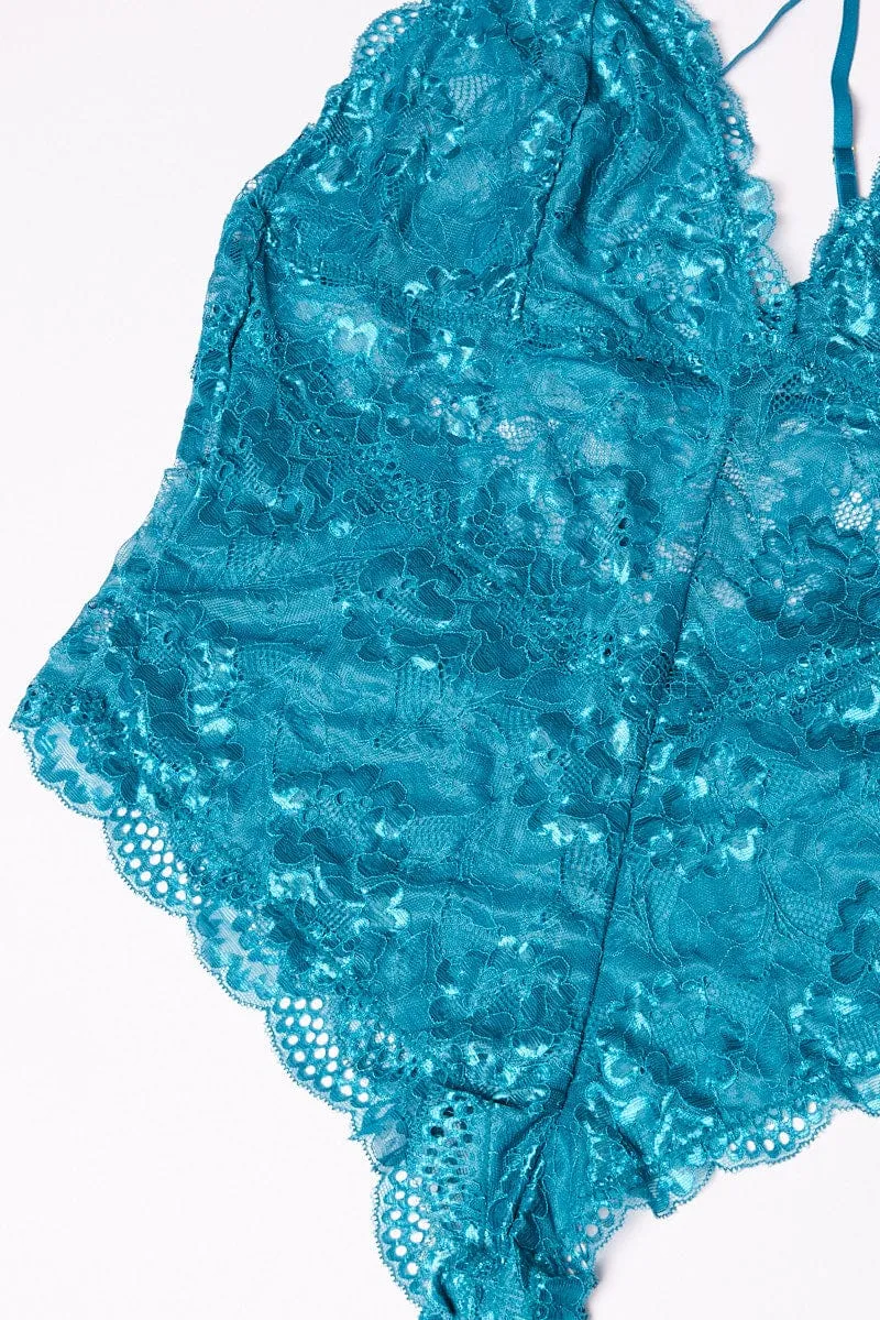 Blue Lace One Piece Bodysuit Lingerie Versatile Clothing Summer Outerwear