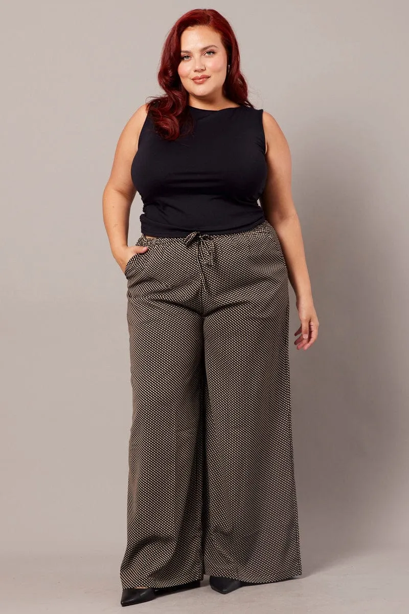 Curved Waistline Black Geo Wide Leg Pants High Rise