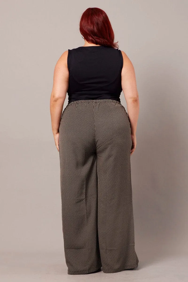 Black Geo Wide Leg Pants High Rise Low Profile Fasteners Back pockets