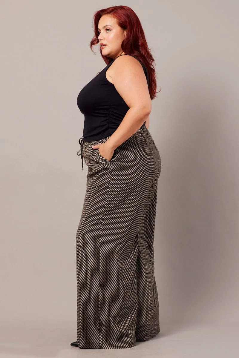 Black Geo Wide Leg Pants High Rise Compact Storage