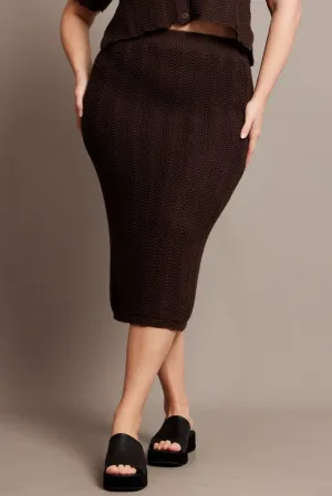 Patchwork Design Brown Crochet Look Knit Skirt
