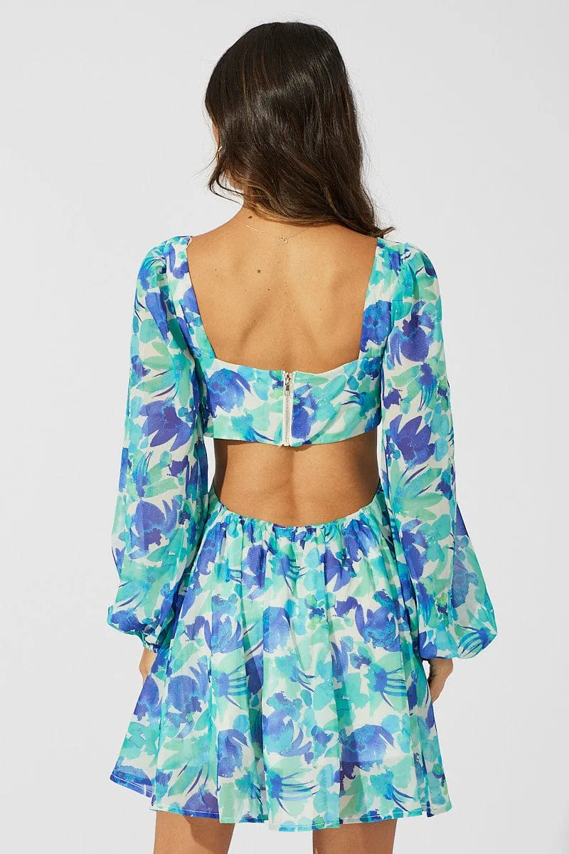 MachineWashable Fabric Green Floral Dress Watercolour Print Ring Front Balloon Sleeve