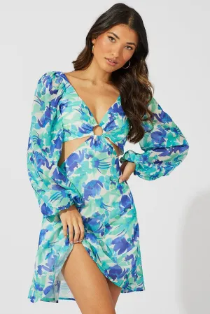 Green Floral Dress Watercolour Print Ring Front Balloon Sleeve Convertible Style Winter Fashion