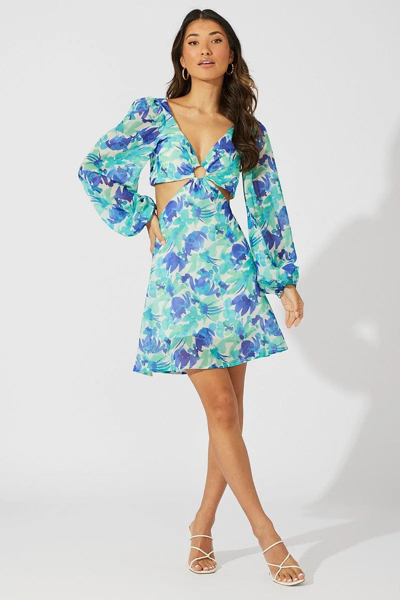 hypoallergenic material Green Floral Dress Watercolour Print Ring Front Balloon Sleeve