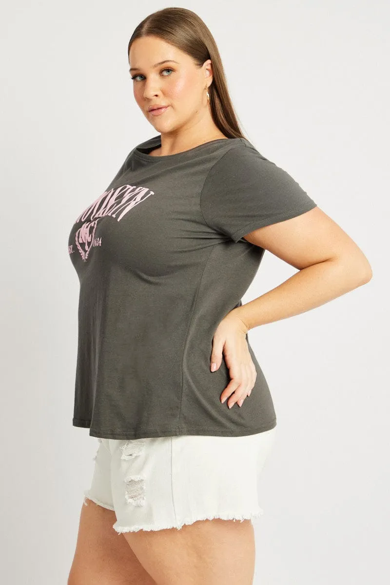 Grey Graphic T Shirt Short Sleeve Crew Neck Cozy Look Casual Layering Wear