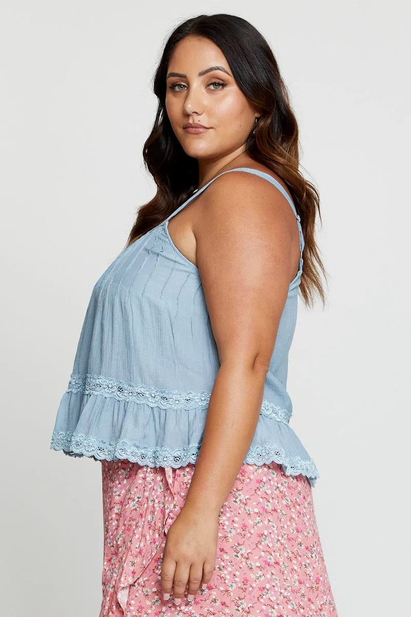 Blue Singlet Top Coral Lace Insert Pintuck HighVisibility Trim