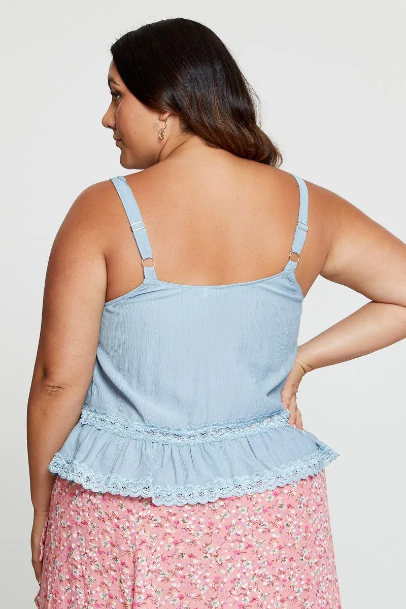 Casual Outfit Blue Singlet Top Coral Lace Insert Pintuck