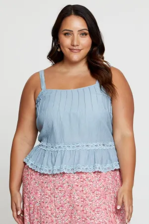 Blue Singlet Top Coral Lace Insert Pintuck Fresh Ease AI Style