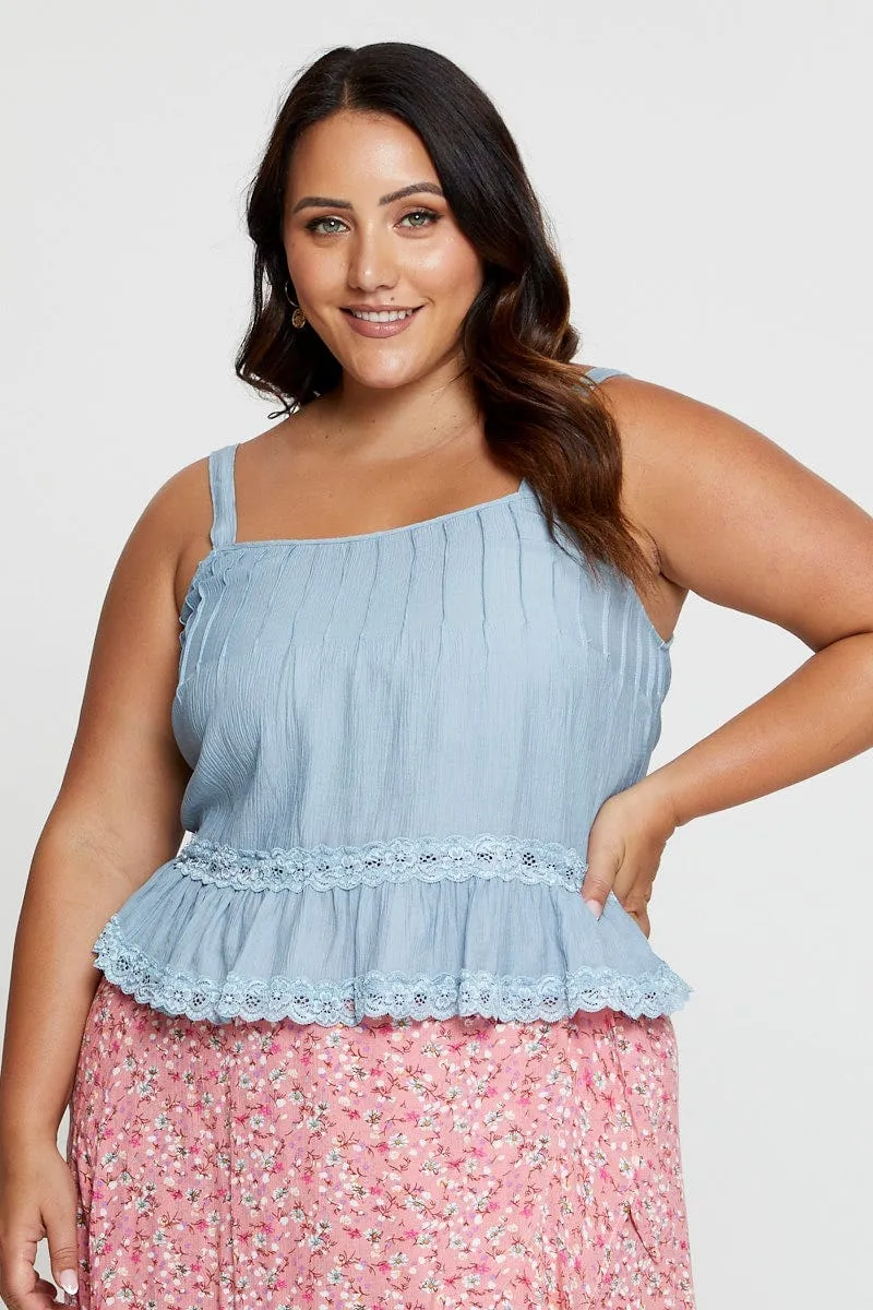 Blue Singlet Top Coral Lace Insert Pintuck FlexibleElasticity