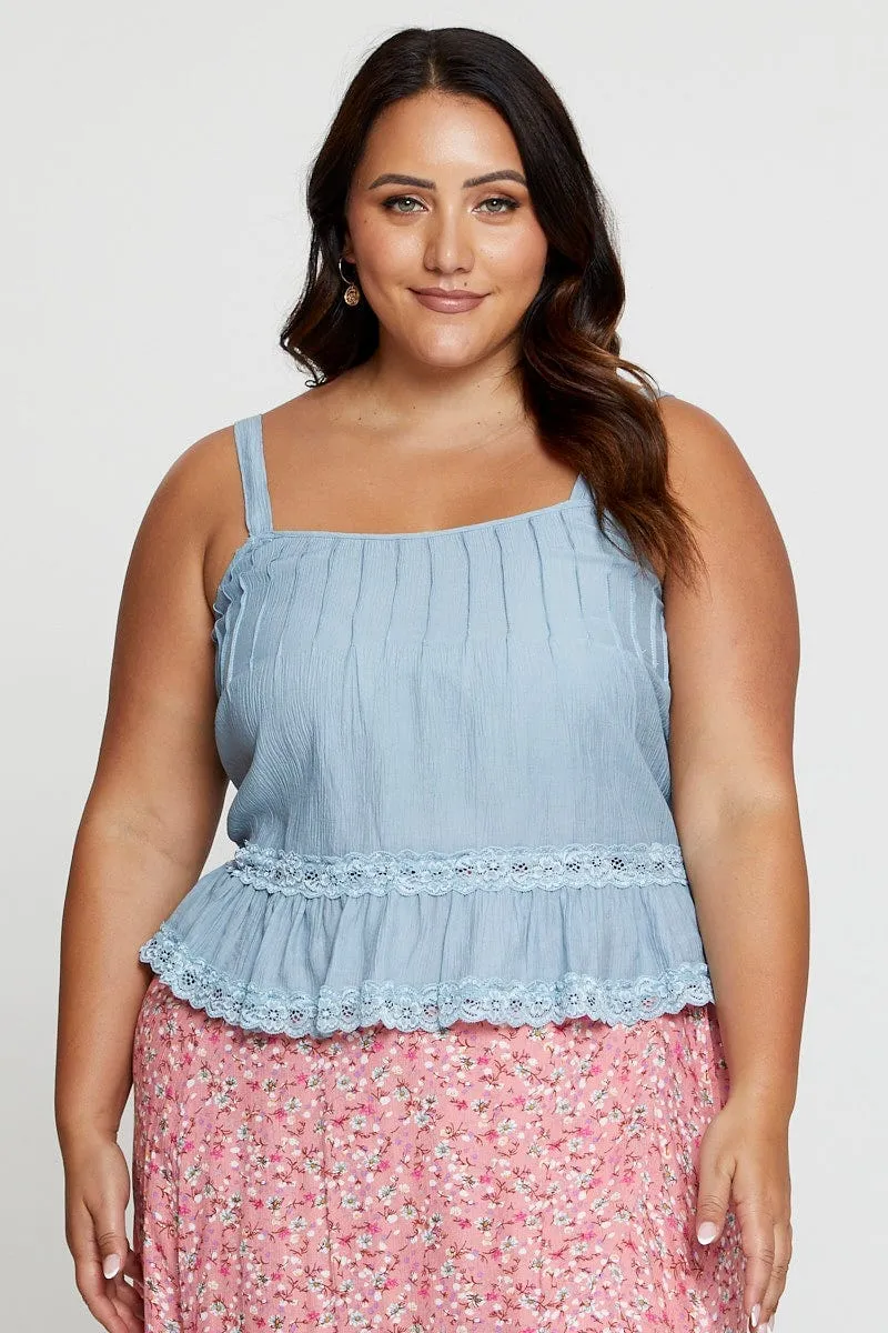 Blue Singlet Top Coral Lace Insert Pintuck Fresh Ease AI Style
