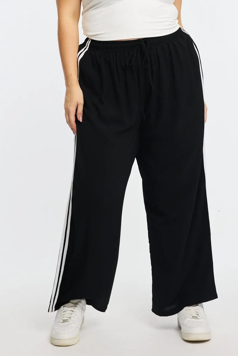 Black Wide Leg Pants Side Stripe WrinkleFreeFinish Comfort Fit