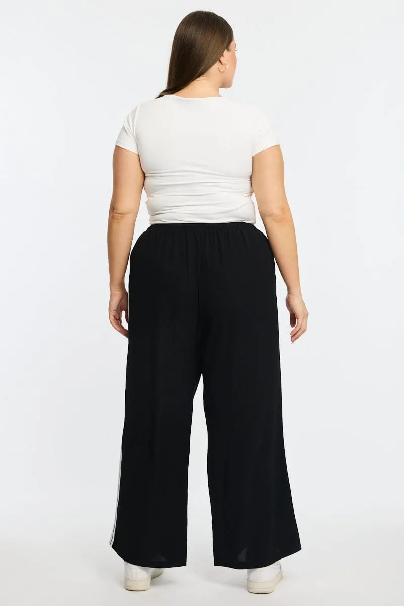 Black Wide Leg Pants Side Stripe Stain Repellent Coating ReinforcedBeltLoops