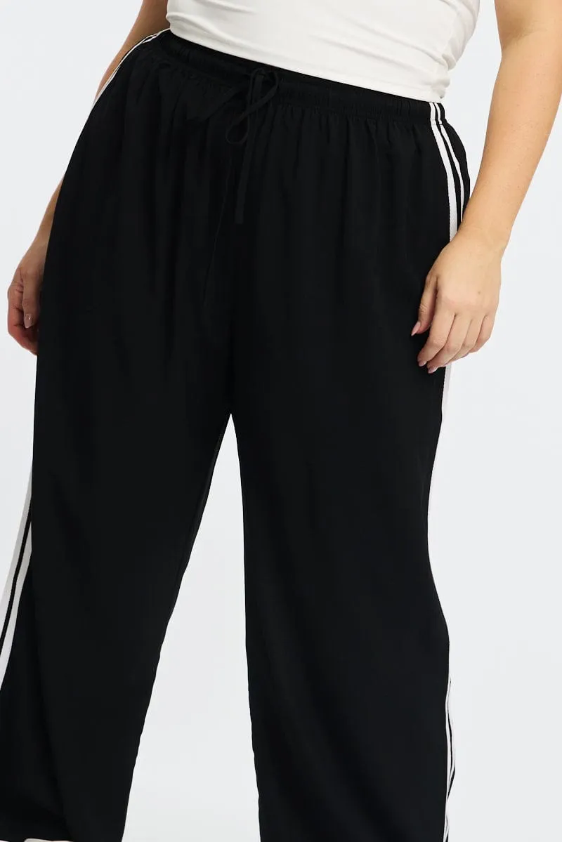 Black Wide Leg Pants Side Stripe Recyclable Fabric Blend