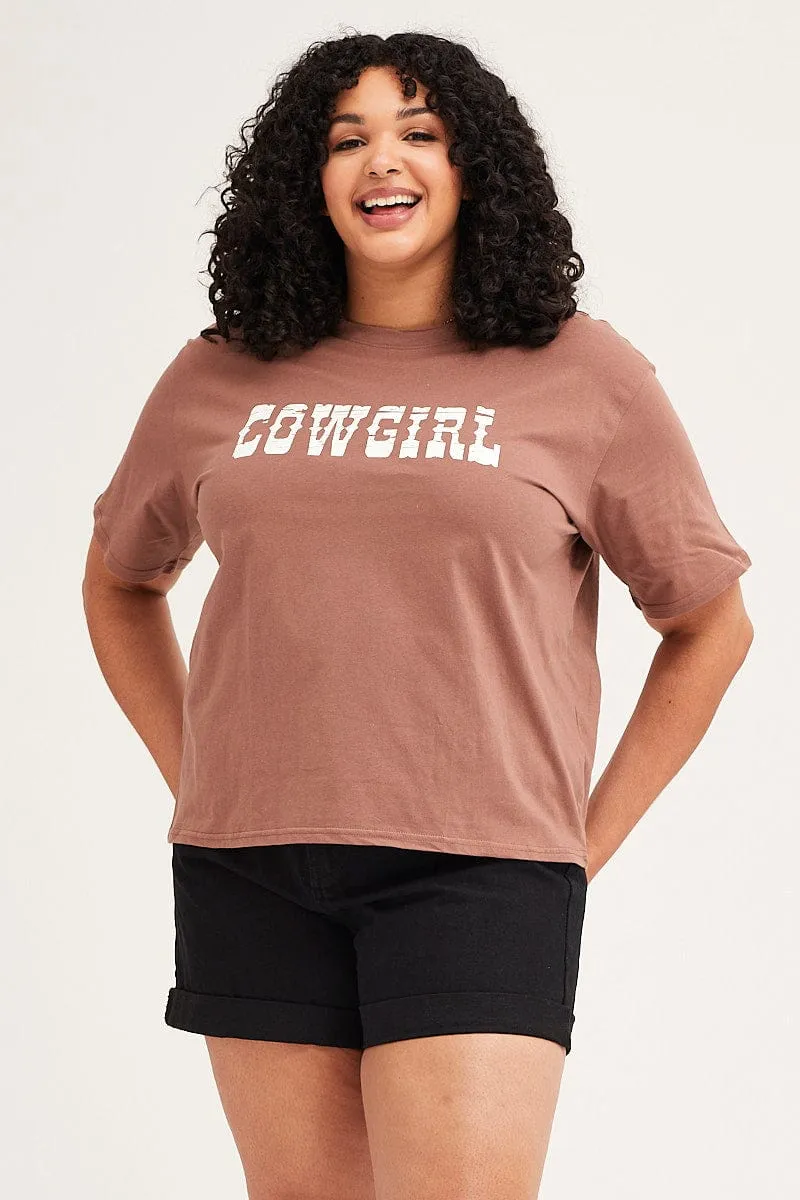 Brown Short Sleeve Crop Graphic T-shirt Functional Side Gussets