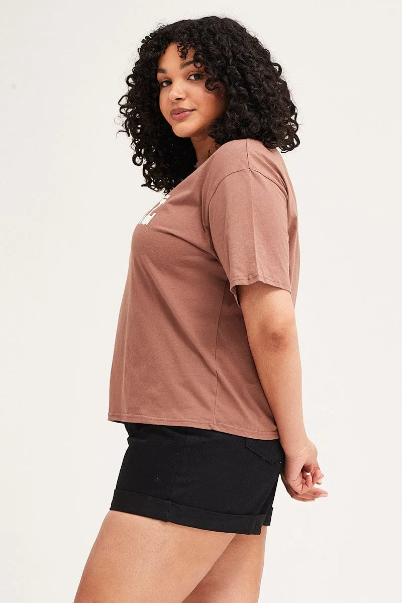 Brown Short Sleeve Crop Graphic T-shirt Easy Wear Option Easy Layer