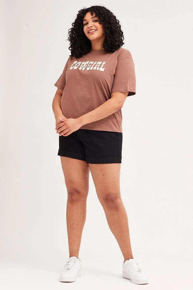 Brown Short Sleeve Crop Graphic T-shirt Everyday Casual Relaxed Comfort