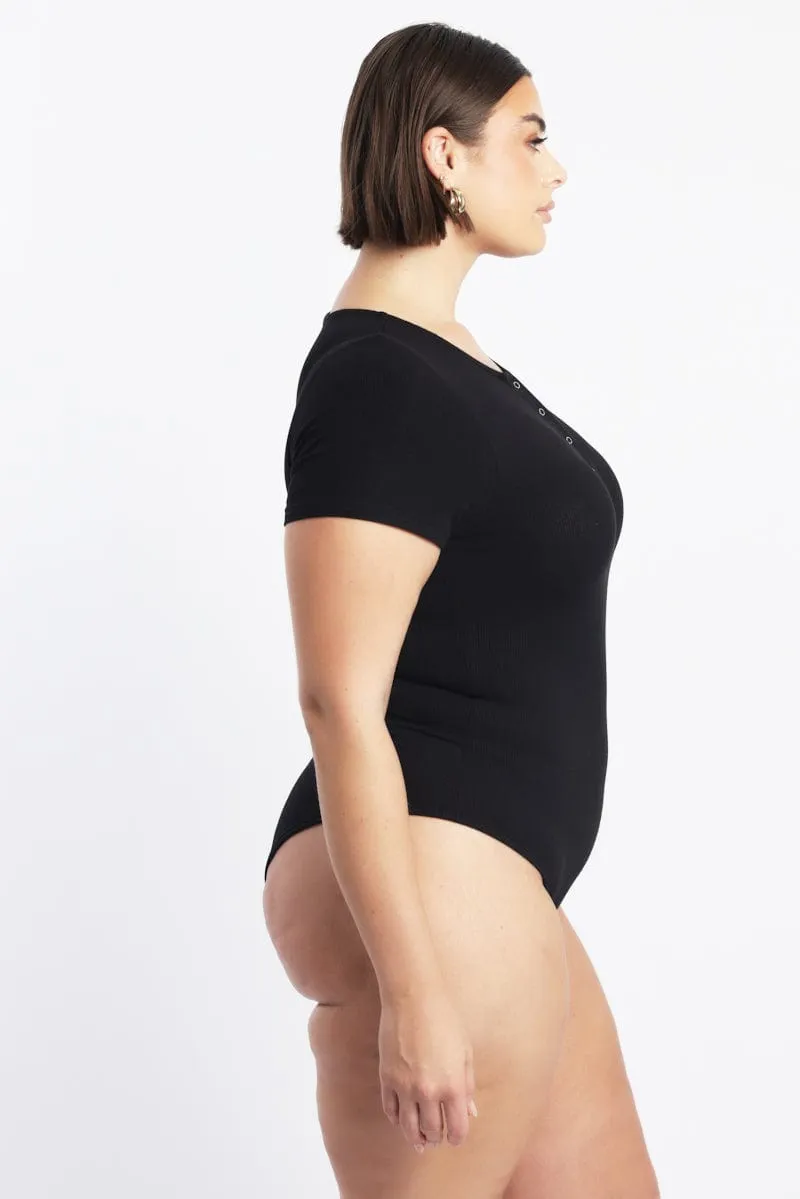 Colorfast Technology Commute Ease Black Bodysuit Short Sleeve Button down