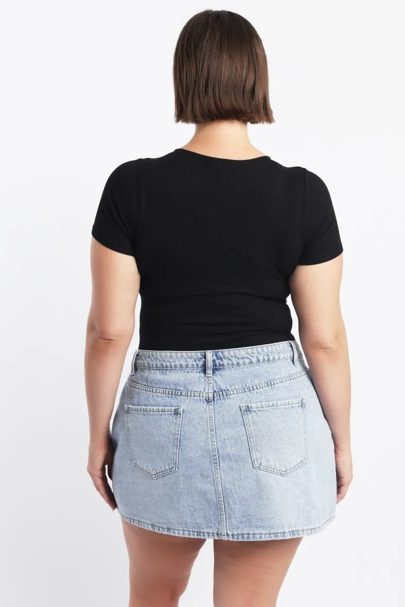Flexible Fabric Blend Quiet Core Black Bodysuit Short Sleeve Button down