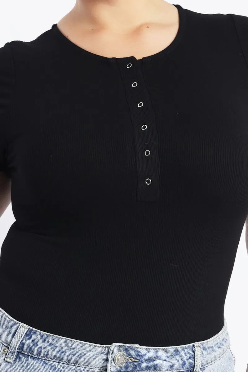 Black Bodysuit Short Sleeve Button down ElasticFree DoubleLayerReinforcement
