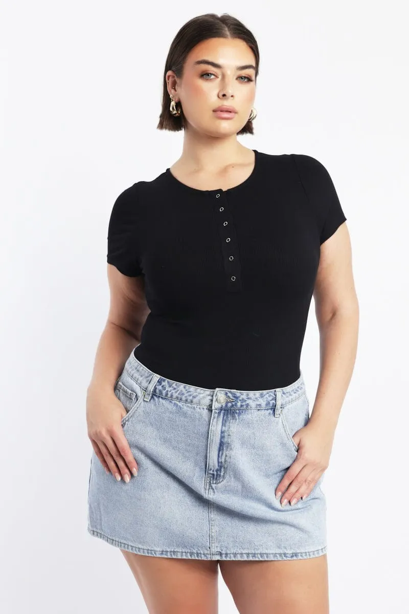Street Fashion Reinforced Edges Black Bodysuit Short Sleeve Button down