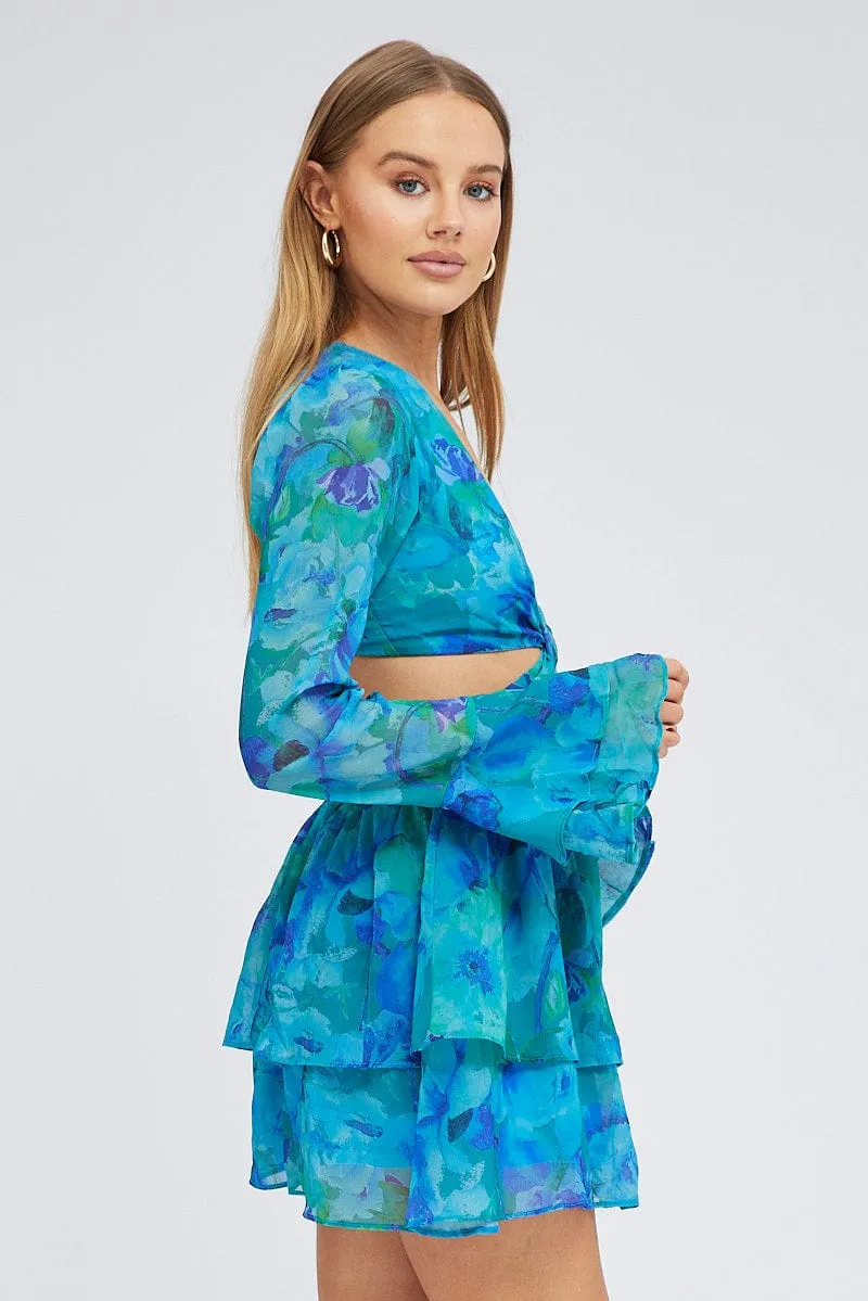 CrossBackStructure Easy Go Blue Floral Dress Balloon Sleeve Lace Up Back Ring Chiffon