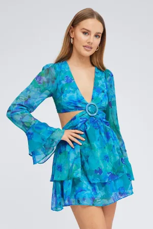 Blue Floral Dress Balloon Sleeve Lace Up Back Ring Chiffon Flexible Material MoistureControl Lining