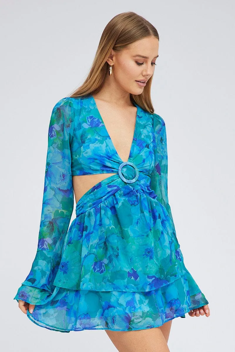 Machine Fit Flexible Material Blue Floral Dress Balloon Sleeve Lace Up Back Ring Chiffon