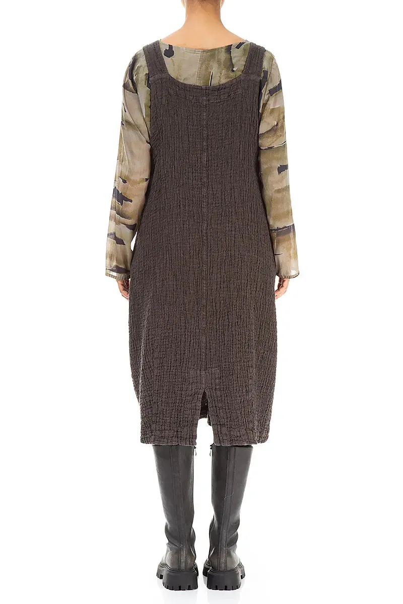 Flap Pocket Forest Brown Textured Linen Dungaree Dress All-Day Fit