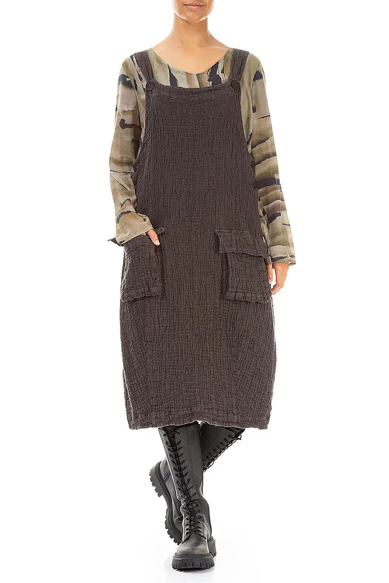 Fairy Core Flap Pocket Forest Brown Textured Linen Dungaree Dress
