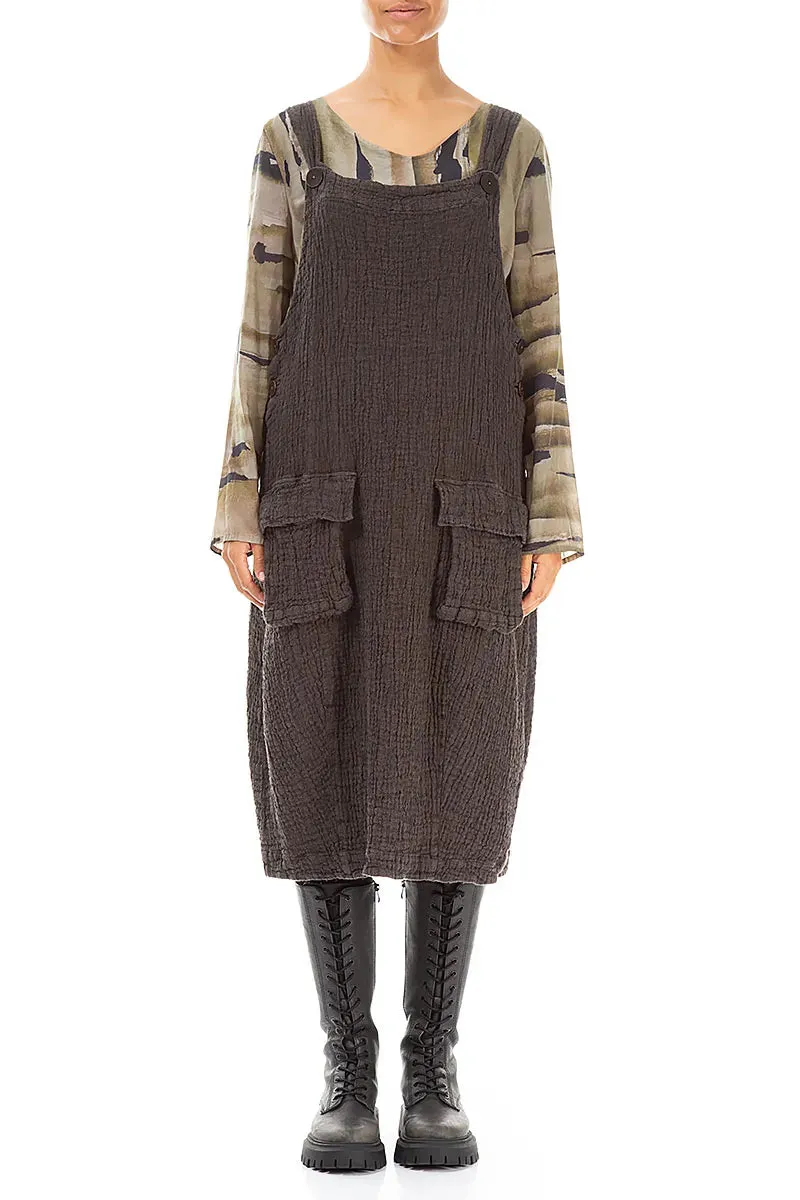 Flap Pocket Forest Brown Textured Linen Dungaree Dress AntiPillingTechnology Sustainable Manufacturing