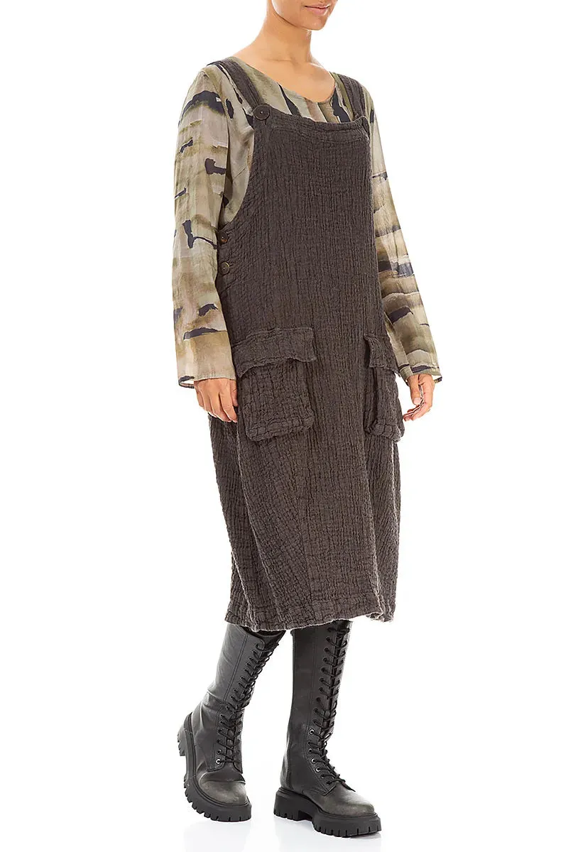SkinFriendlyElastic Casual Skirt Flap Pocket Forest Brown Textured Linen Dungaree Dress