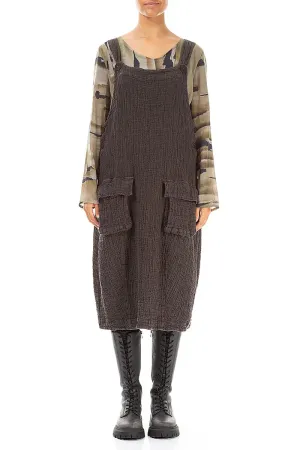 Flap Pocket Forest Brown Textured Linen Dungaree Dress AntiPillingTechnology Sustainable Manufacturing