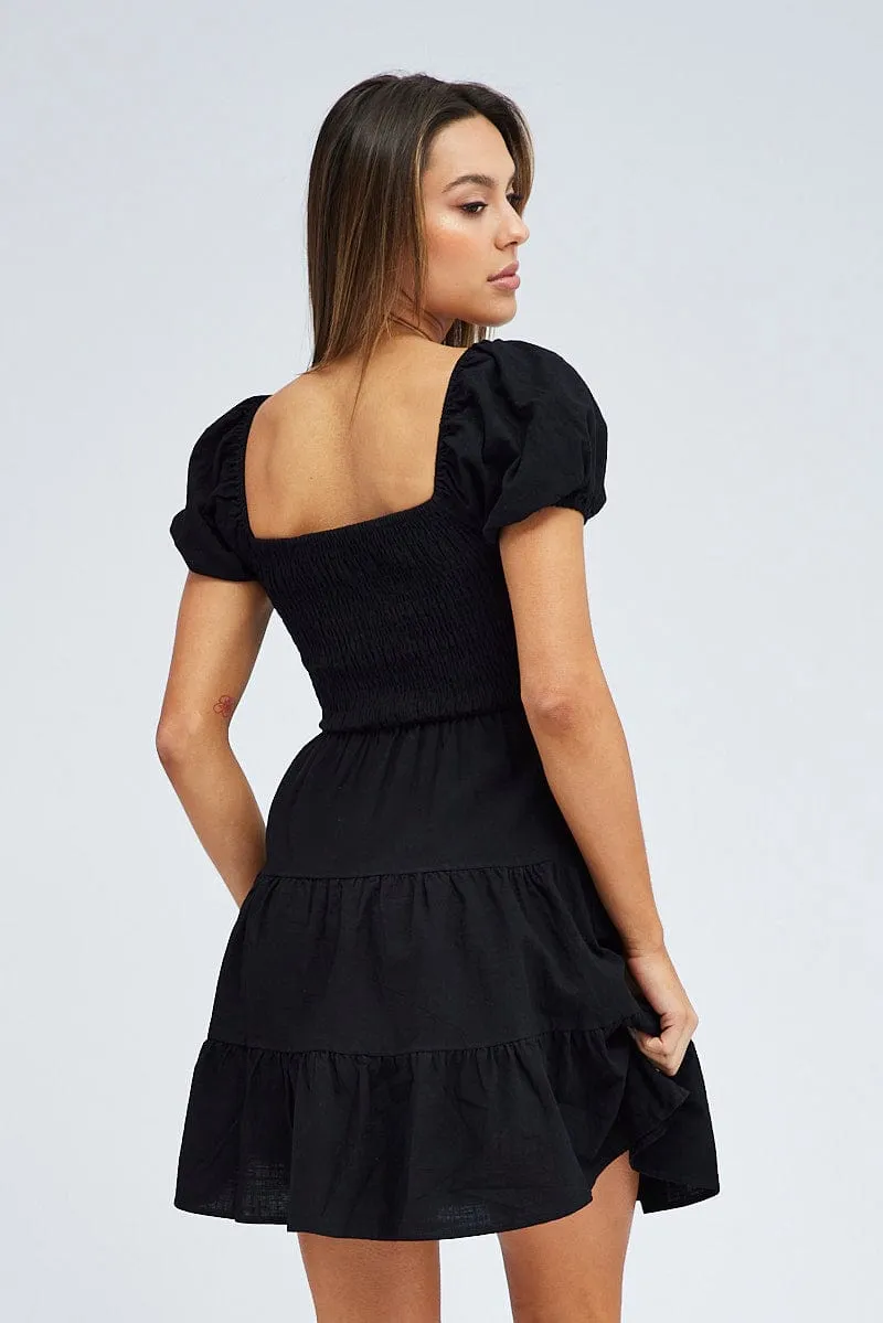 Casual Style Black Fit and Flare Dress Short Sleeve Shirred