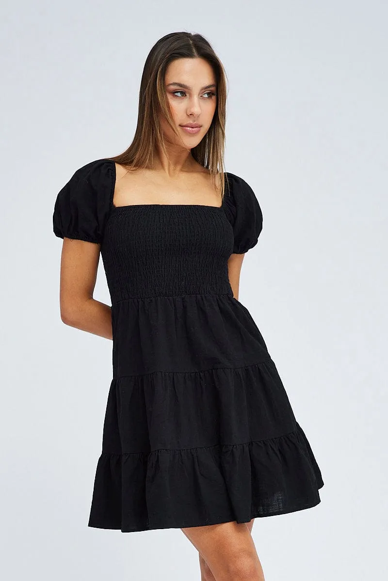Black Fit and Flare Dress Short Sleeve Shirred WaterRepellent