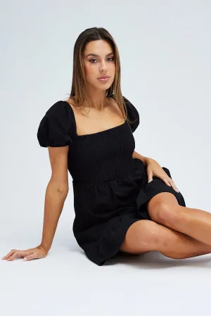 Black Fit and Flare Dress Short Sleeve Shirred TearResistant Fabric