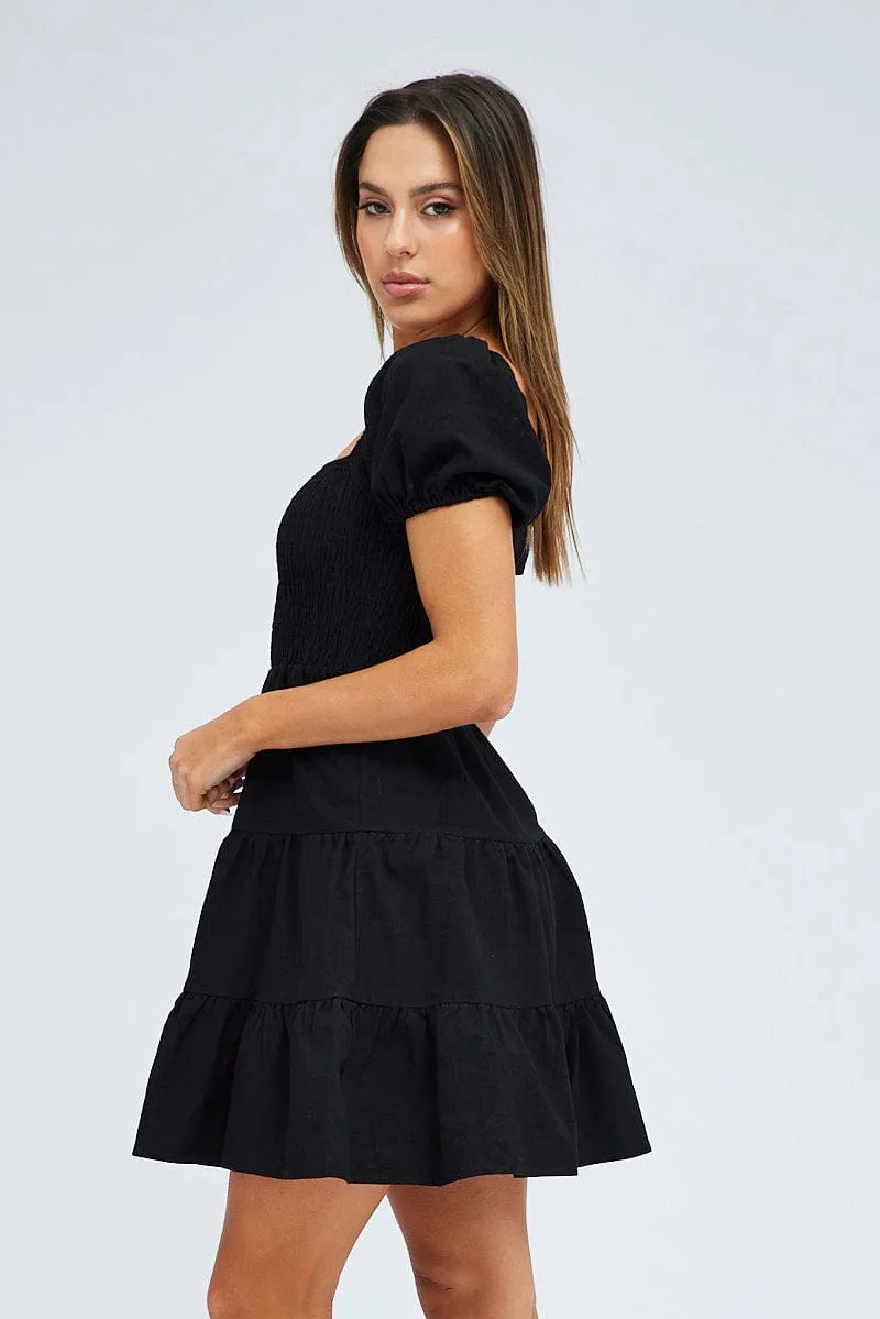 Black Fit and Flare Dress Short Sleeve Shirred Active Style