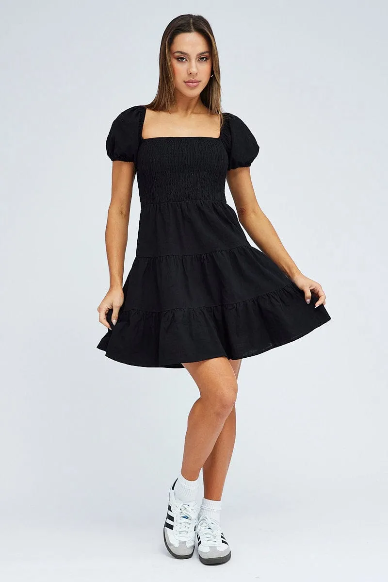 Black Fit and Flare Dress Short Sleeve Shirred Practical Style