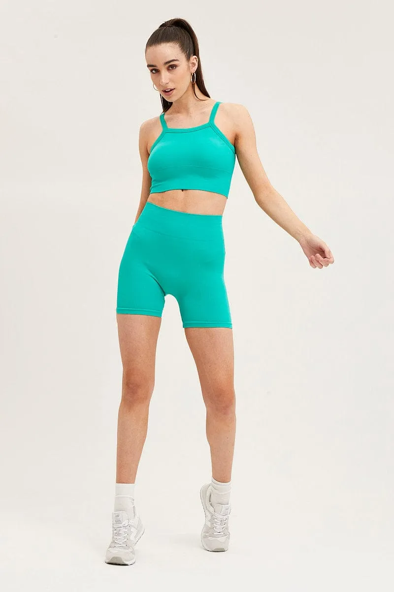 Green High Neck Rib Bind Detail Seamless Tank Breathable fabric