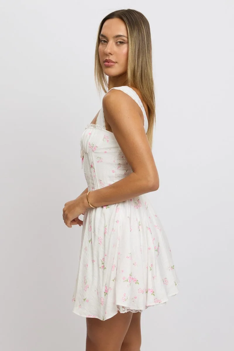 Office Mood Pink Ditsy Fit And Flare Dress Corset Detail Mini