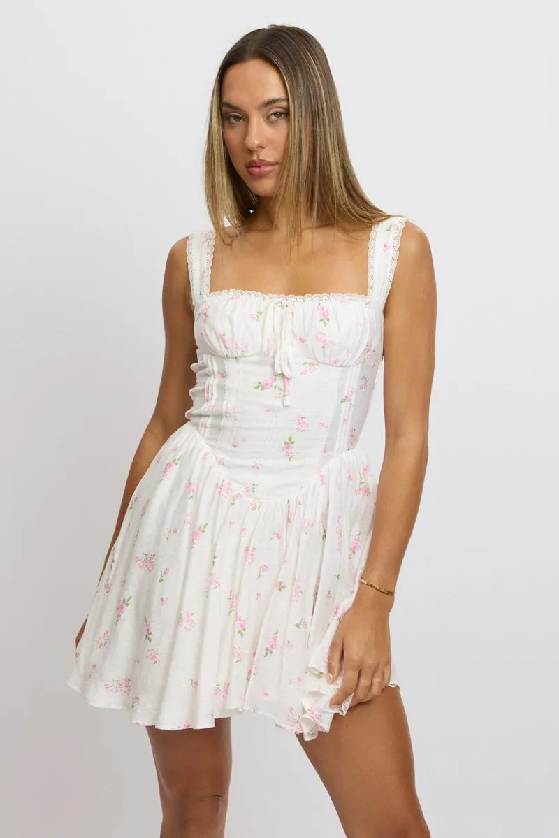 Focus Fit Pink Ditsy Fit And Flare Dress Corset Detail Mini