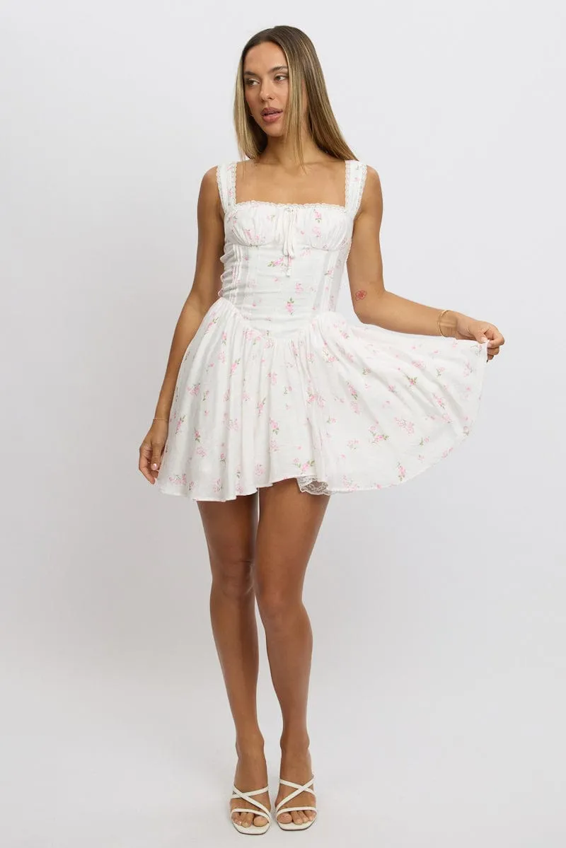 Warm Hoodie Pink Ditsy Fit And Flare Dress Corset Detail Mini