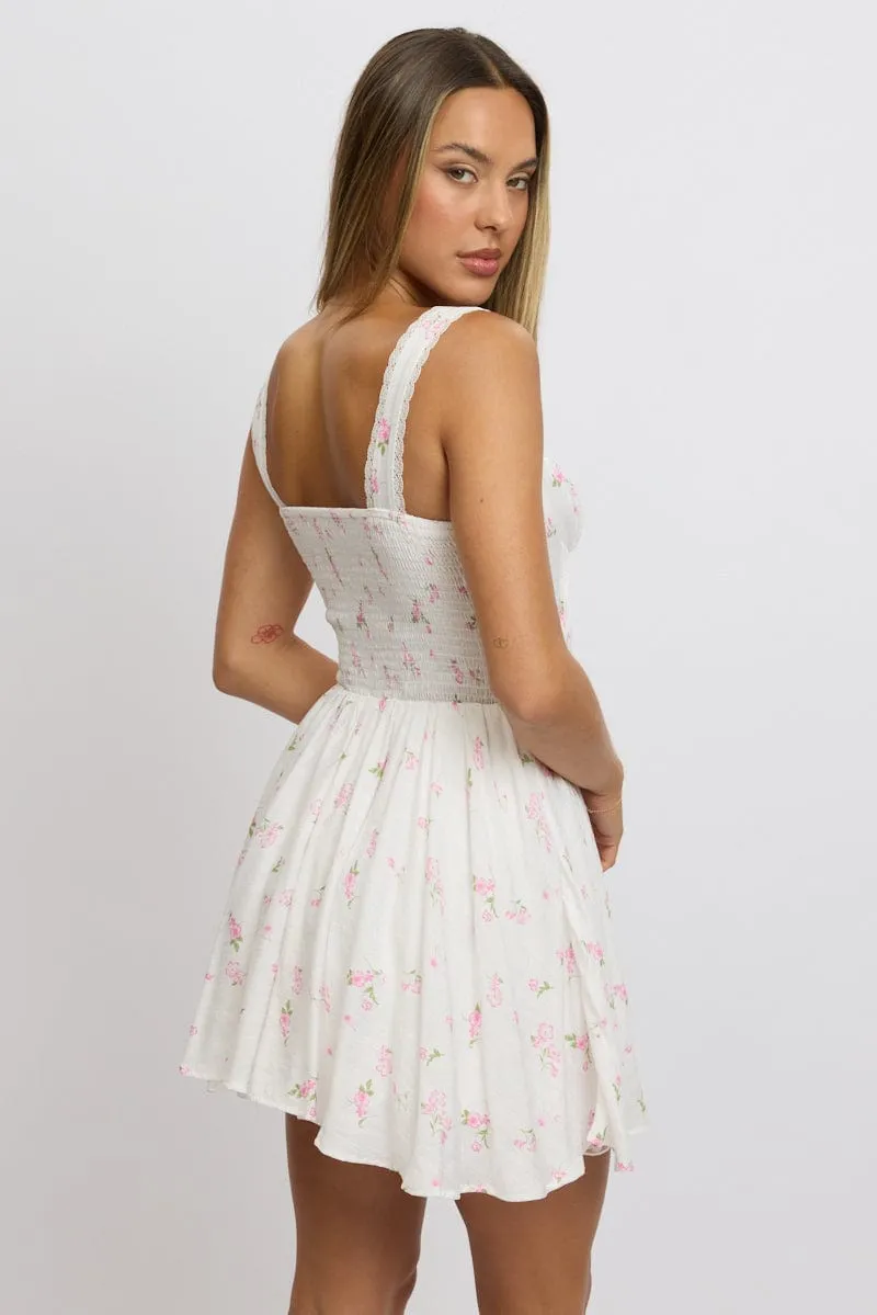 OdorResistant Fabric ReinforcedKnees Pink Ditsy Fit And Flare Dress Corset Detail Mini