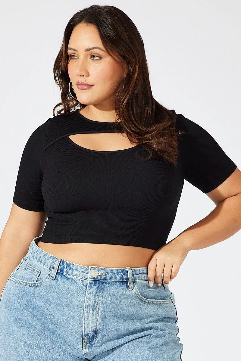 MultiPocket System Black Cut Out Top Short Sleeve Crew Neck Seamless