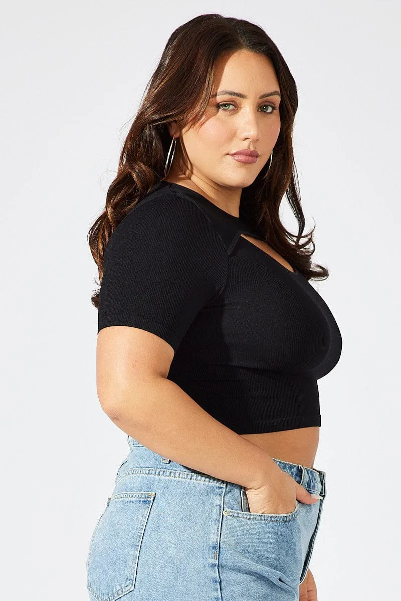Black Cut Out Top Short Sleeve Crew Neck Seamless Event Vibe Lounge Wear